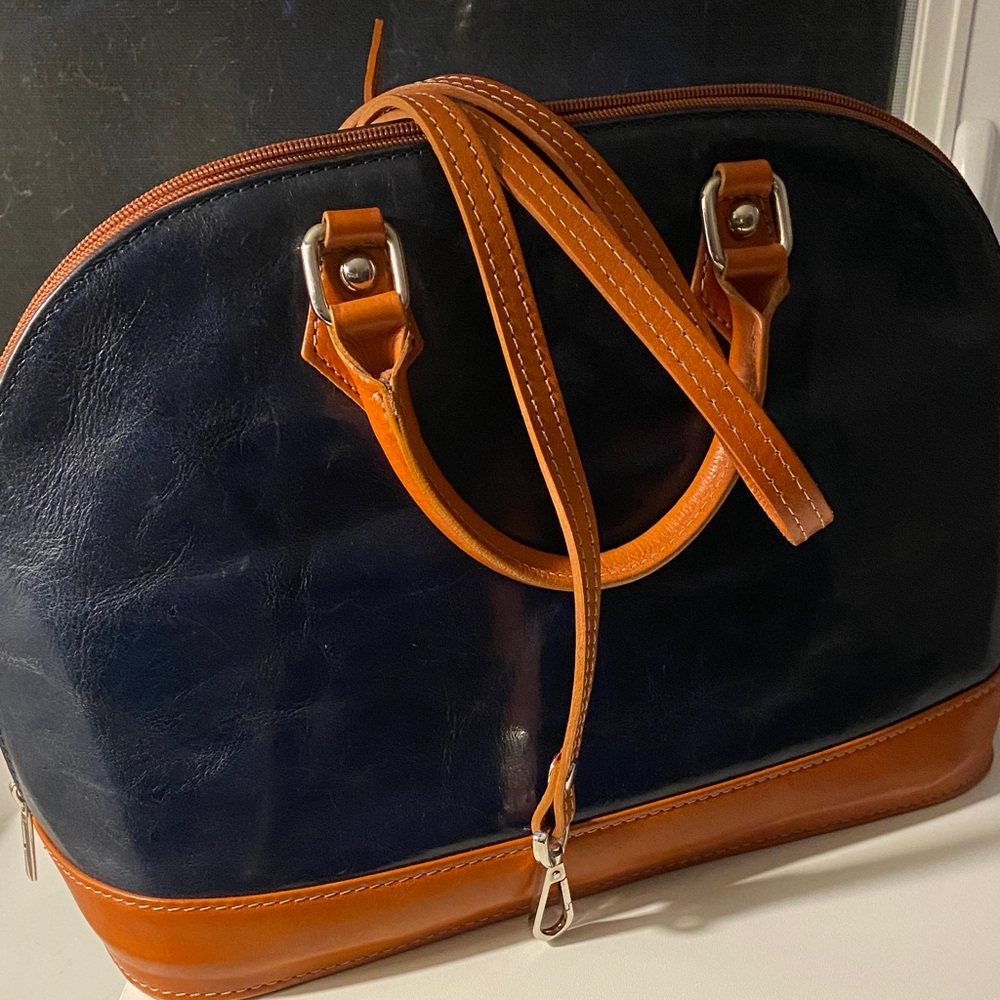 Navy and Orange Leather Handbag, bought in Florence Italy